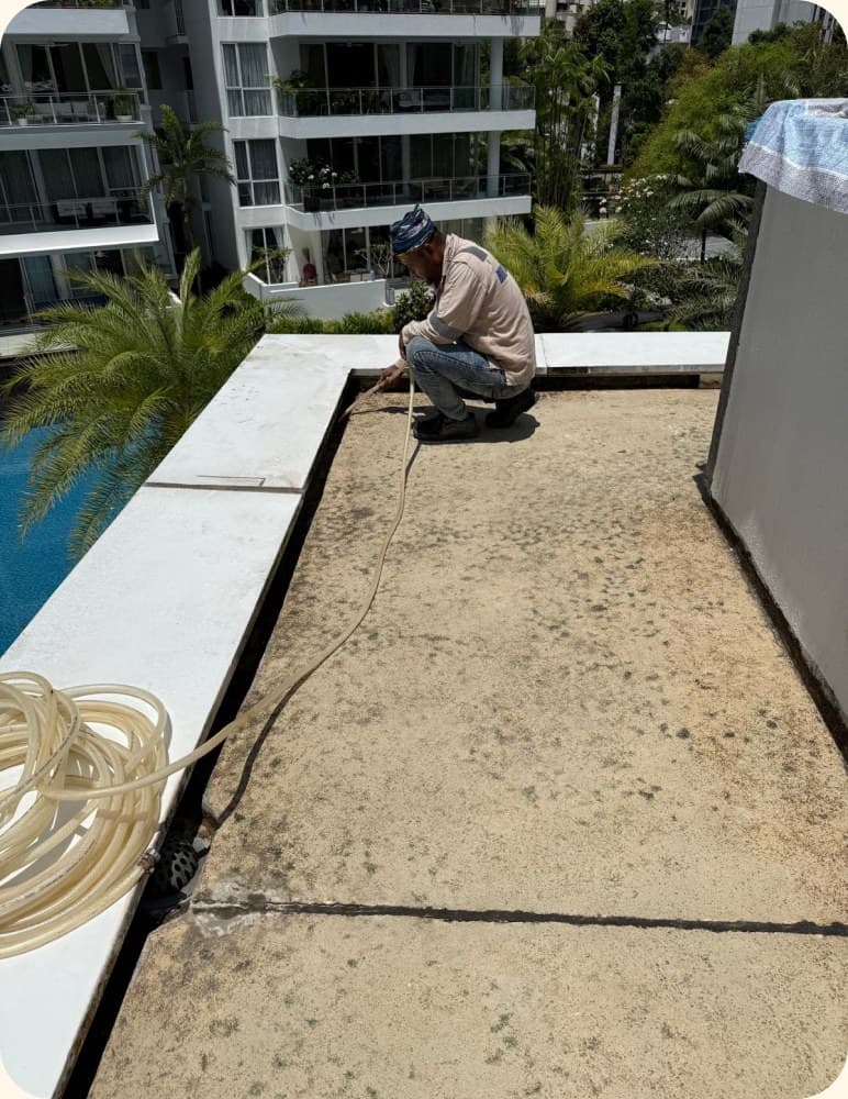 Poolside deck prepared for waterproofing