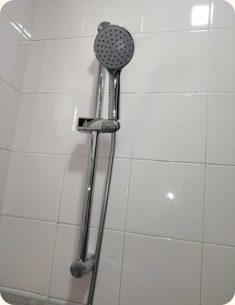Shower head and rail fitted to a tiled wall